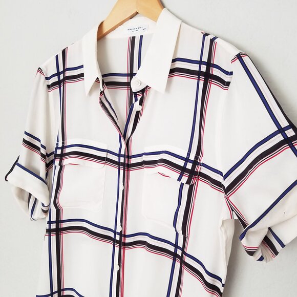 Equipment Femme 100% Silk Short Sleeve Silk Engineered Large Marais Plaid Shirt - Picture 7 of 16